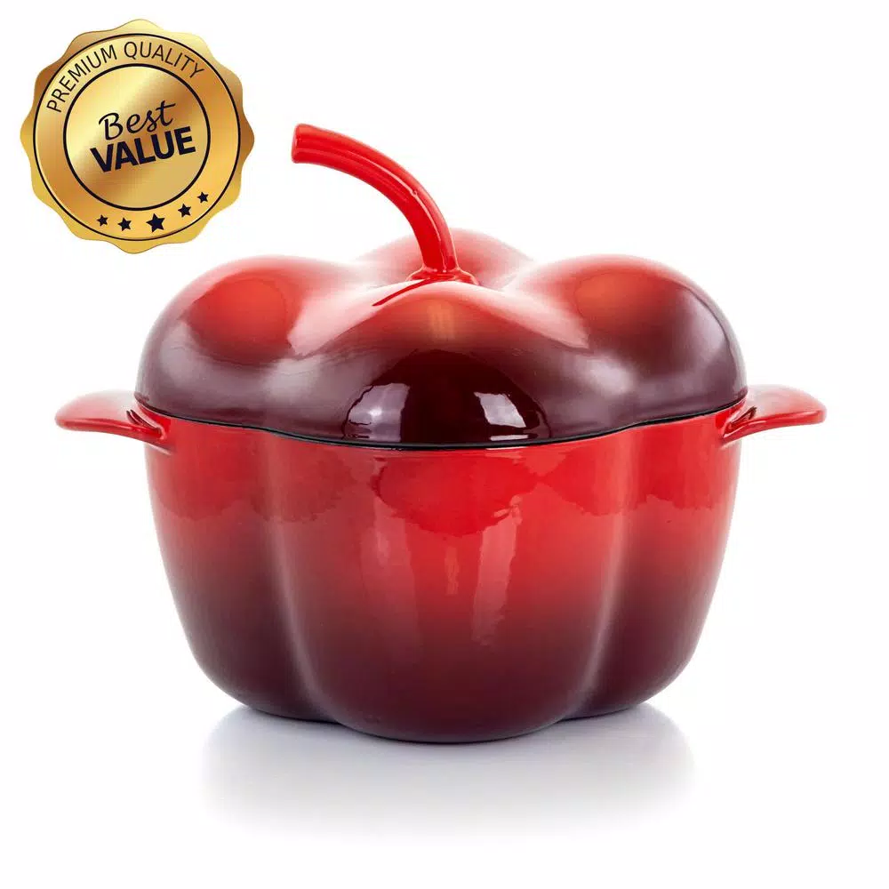MegaChef 3 Qt. Pepper Shaped Enameled Cast Iron Casserole Dish, Red