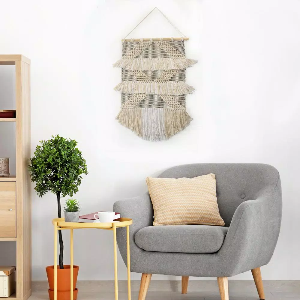 LR Home Fringed Diamond Ivory and Natural Tufted Cotton Wall Tapestry