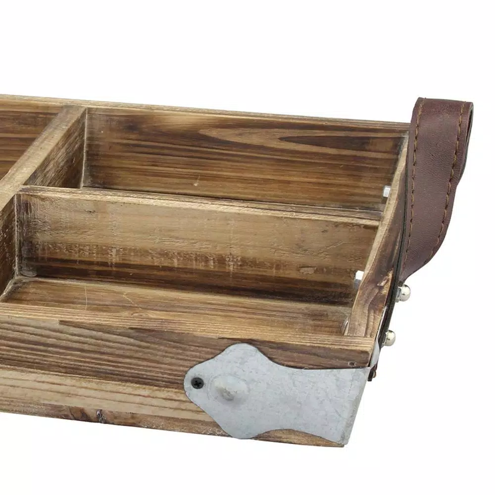 Stonebriar Collection Stonebriar Brown Wood Decorative Tray with Leather Handles and 3 Dividers