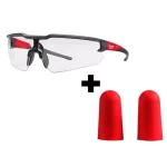 Milwaukee Safety Glasses with Clear Lenses and 10 Pairs of Red Disposable Earplugs thumbnail 1
