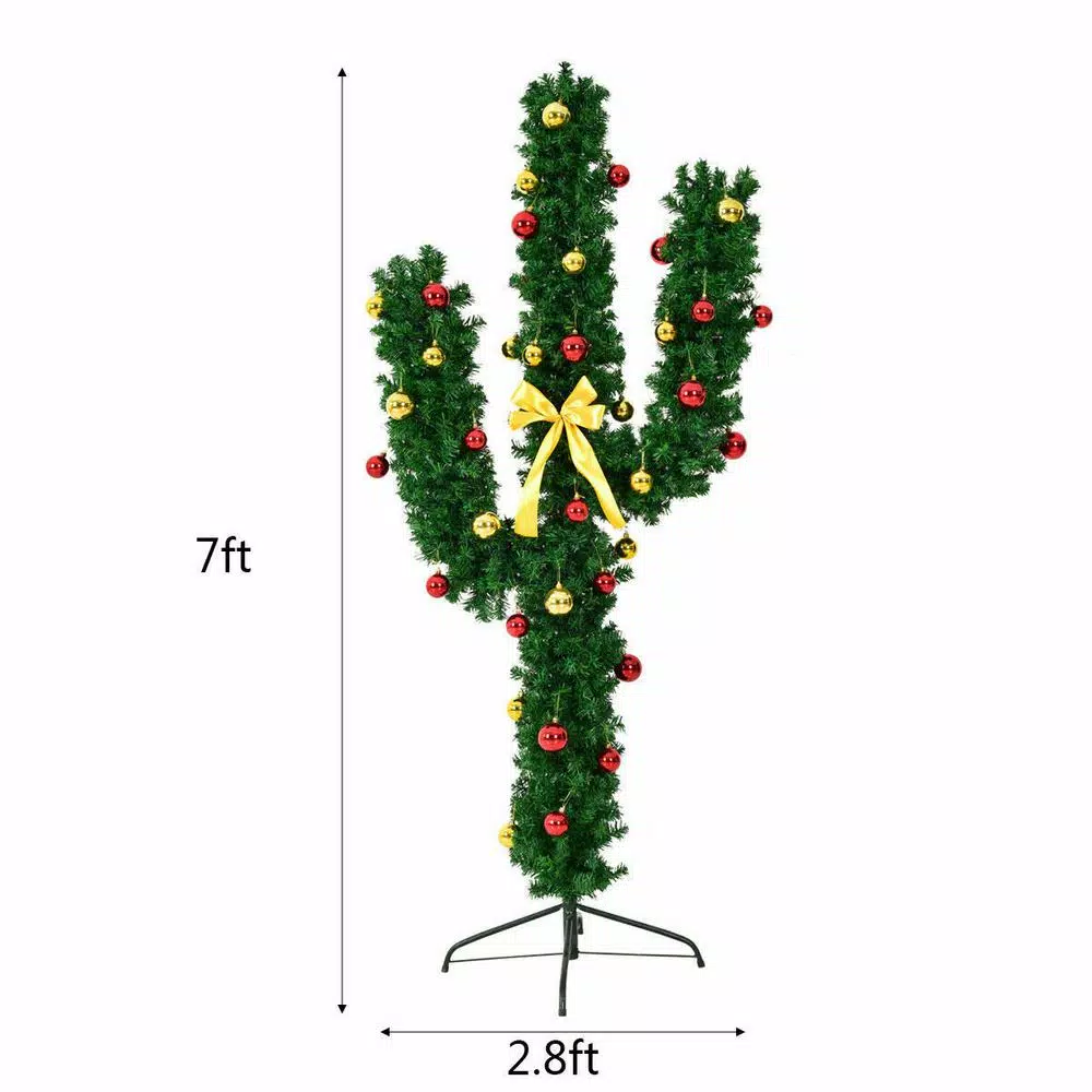 Costway 7 ft. Pre-Lit Artificial Cactus Christmas Tree with 160 LED Lights and Ball Ornaments
