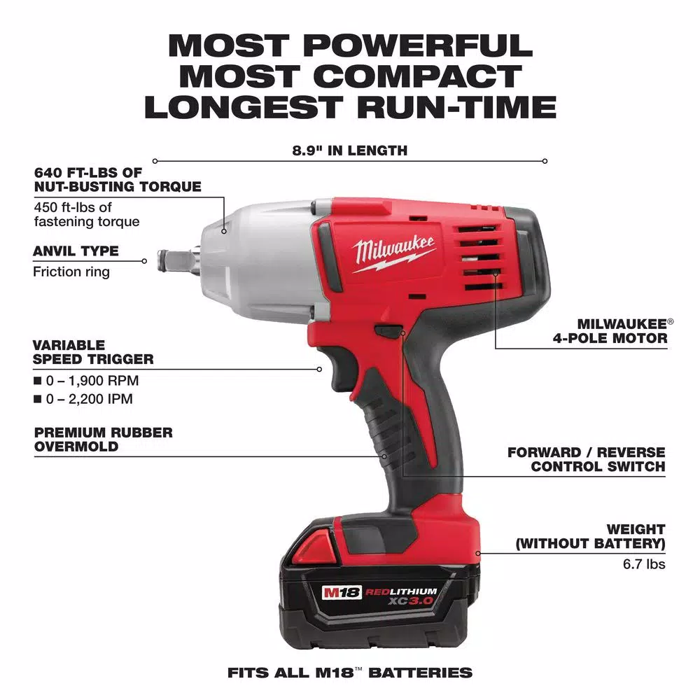 Milwaukee M18 1/2 in. High-Torque Cordless Impact Wrench Kit with (2) 3.0 Ah Batteries, Charger, and Hard Case