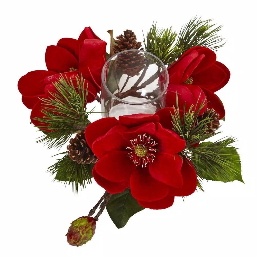 Nearly Natural 7 in. Red Magnolia and Pine Candelabrum with Glass Candleholder