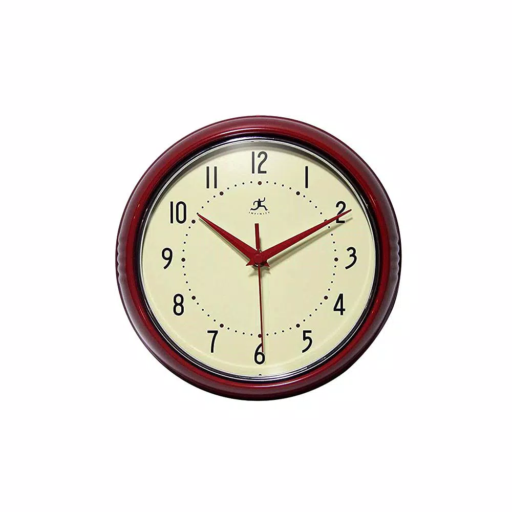 Infinity Instruments 9.5 in. Red Retro Round Metal Wall Clock