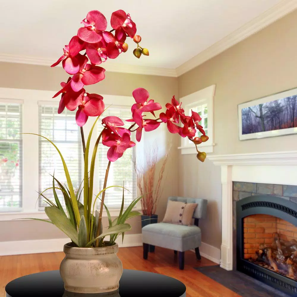 National Tree Company 24 in. Pink Silk Orchid in Decorative Beige Ceramic Pot