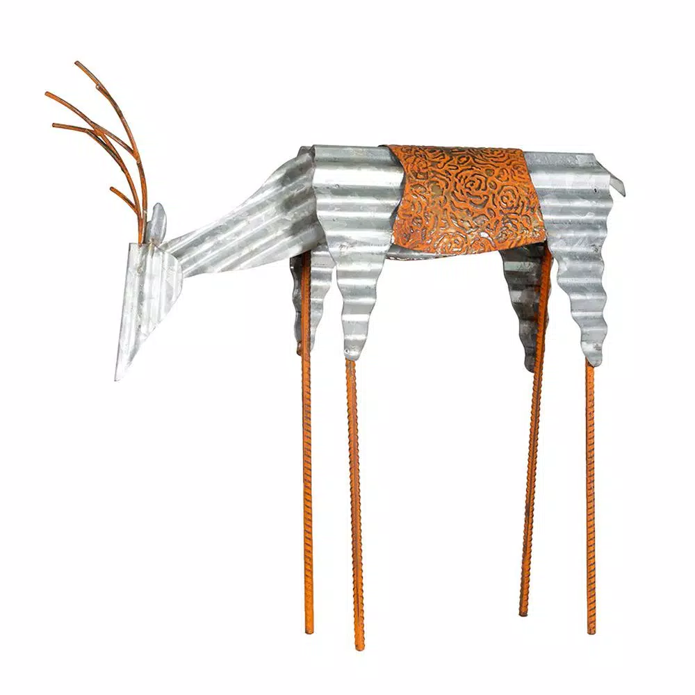 Alpine Corporation 20 in. Metal Rustic Grazing Reindeer Christmas Outdoor Sculpture