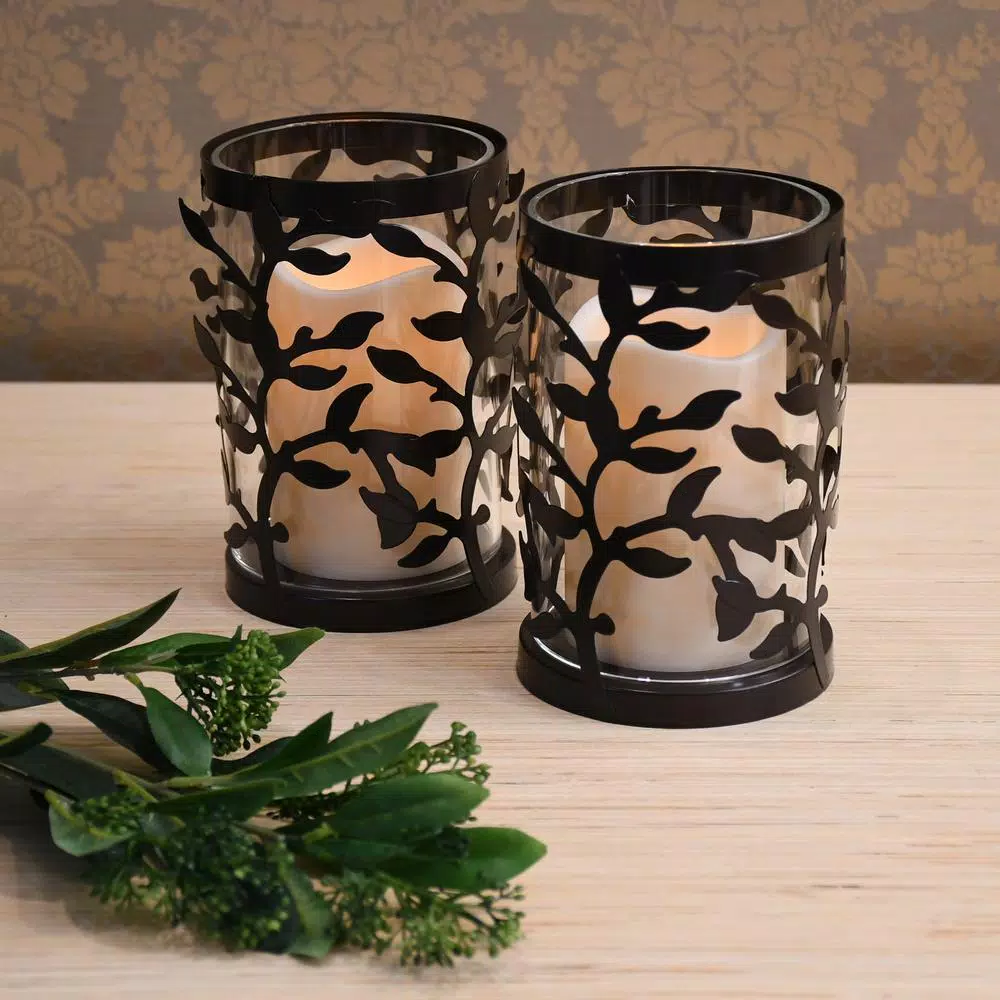 LUMABASE 6.5 in. Vine Metal and Glass Candle Holder Set with LED Pillar Candles (Set of 2)