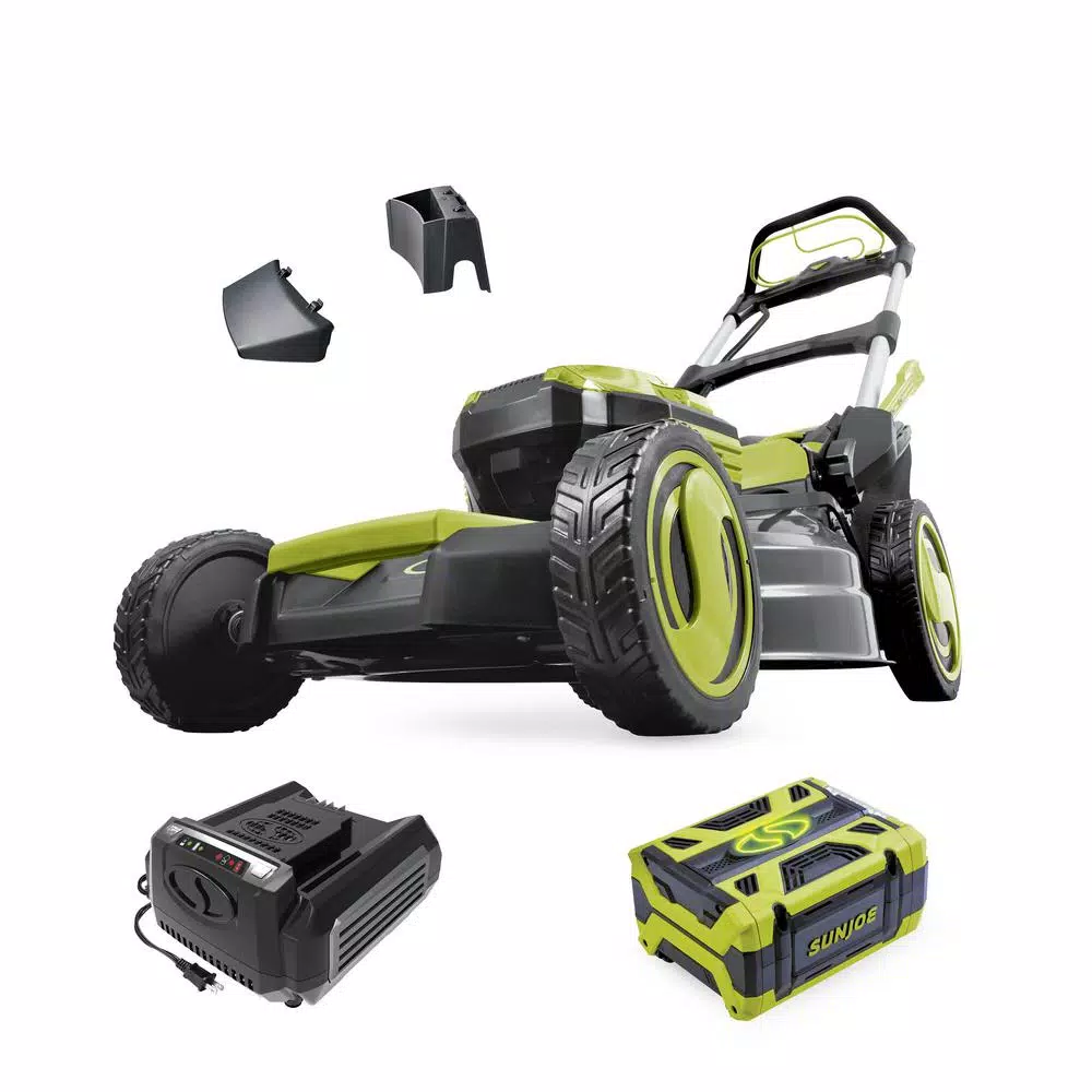 Sun Joe iON100V-21LM 21 in. 100V Cordless Self-Propelled Walk-Behind Lawn Mower Kit with 5.0 Ah Battery and Charger