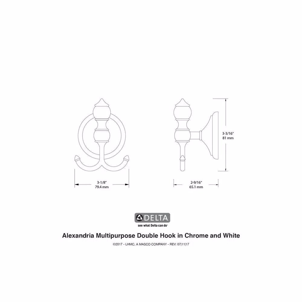 Delta Alexandria Double Towel Hook - Chrome and White