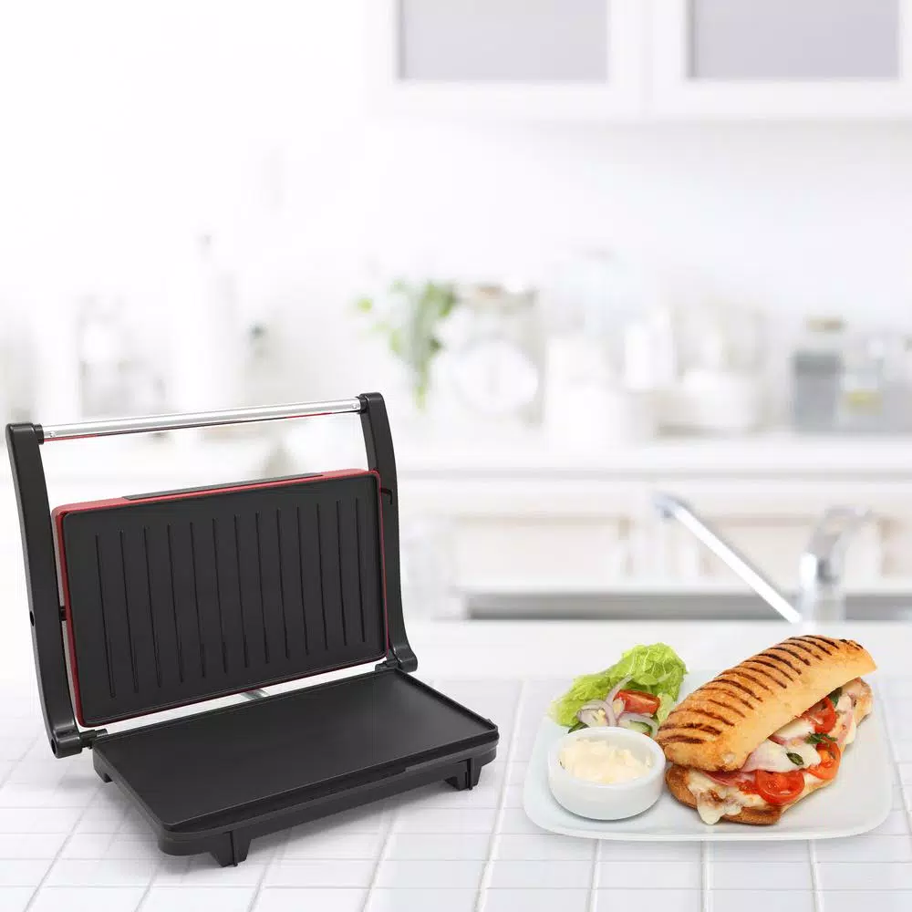 Chef Buddy 760W Red Non-Stick Panini Press and Countertop Grill
