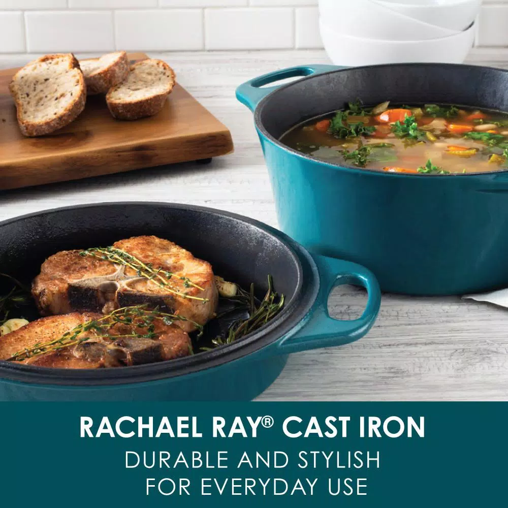 Rachael Ray 4 qt. Cast Iron Casserole Dish with 10 in. Griddle Lid, Teal Shimmer