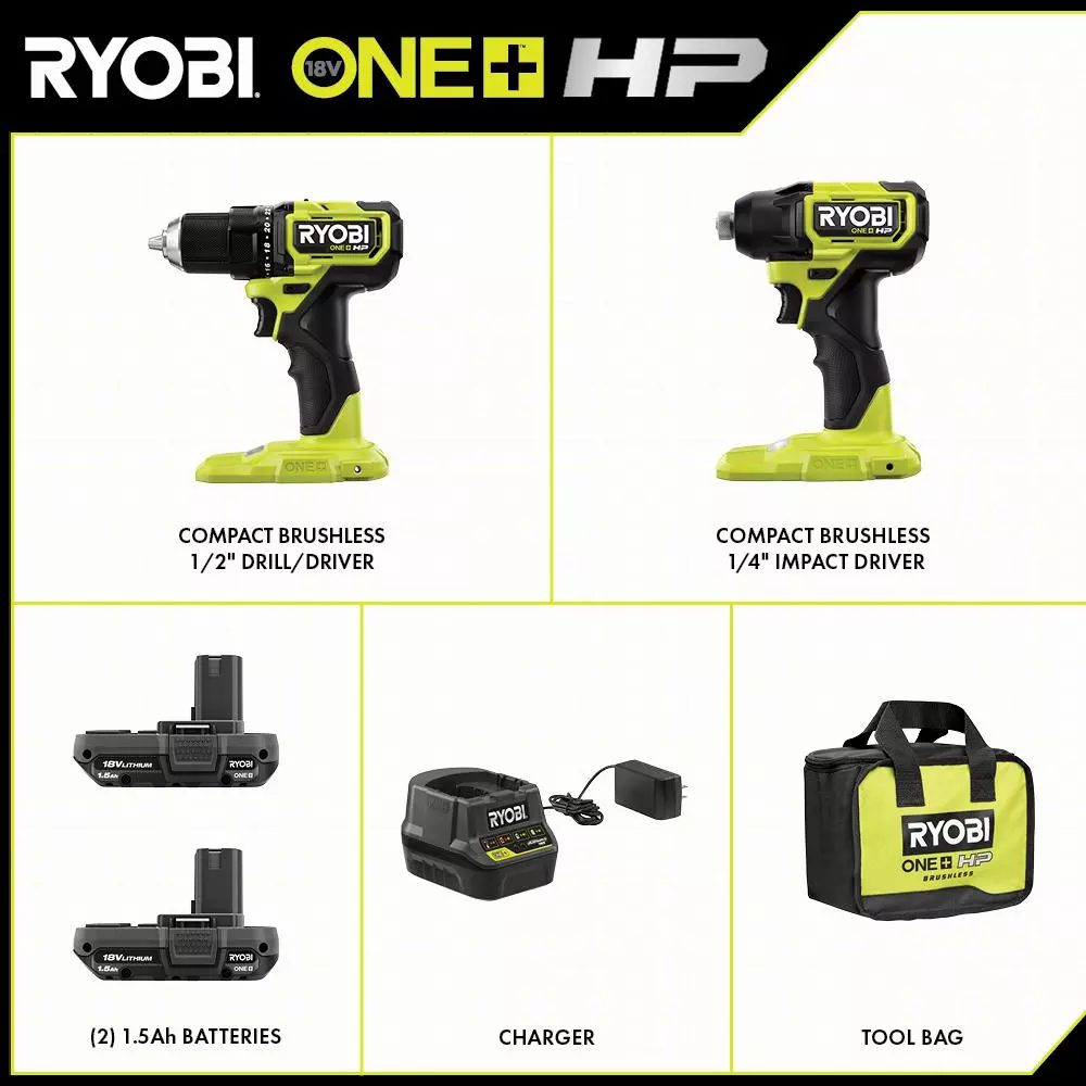 RYOBI ONE+ HP 18V Compact Brushless 2-Tool Combo Kit with 1/2 in. Drill/Driver and 1/4 in. Impact Driver
