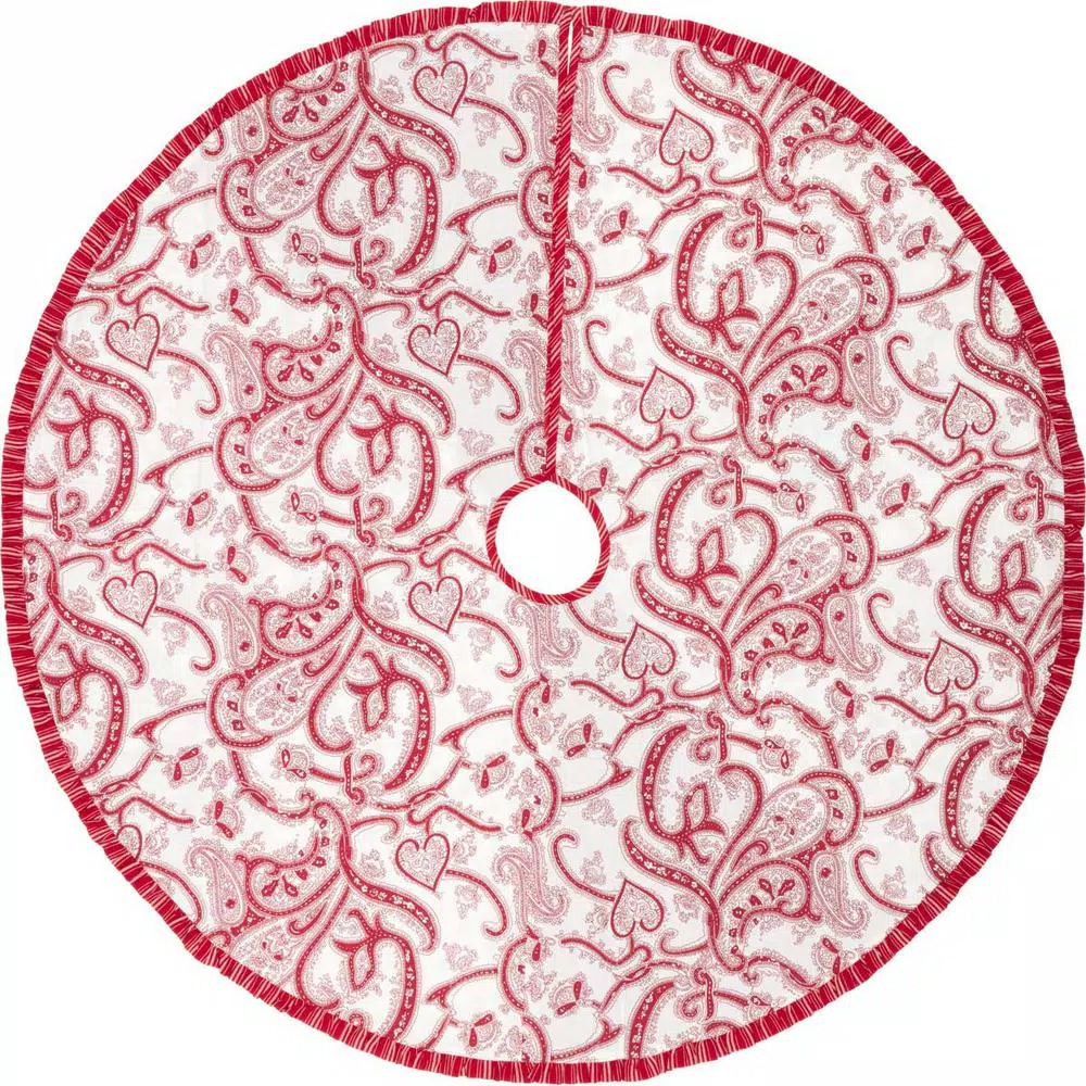 VHC Brands 50 in. Natalia Cherry Red Farmhouse Christmas Tree Skirt with Floral and Paisley Patterns