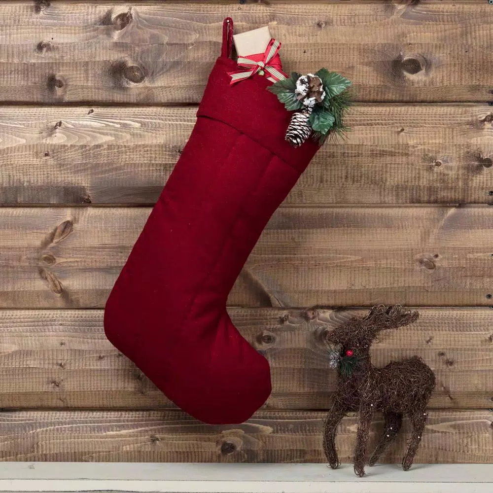 VHC Brands 20 in. Red Felt Christmas Stocking with Hand-Quilted Detail and Monogrammable Cuff