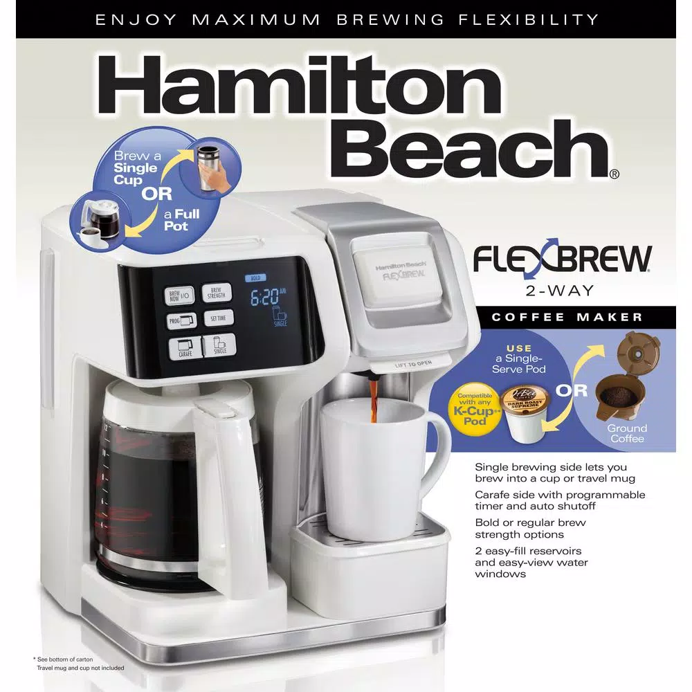 Hamilton Beach FlexBrew 2-Way Coffee Maker, 12-Cup Carafe and Single-Serve Pod Brewer, White