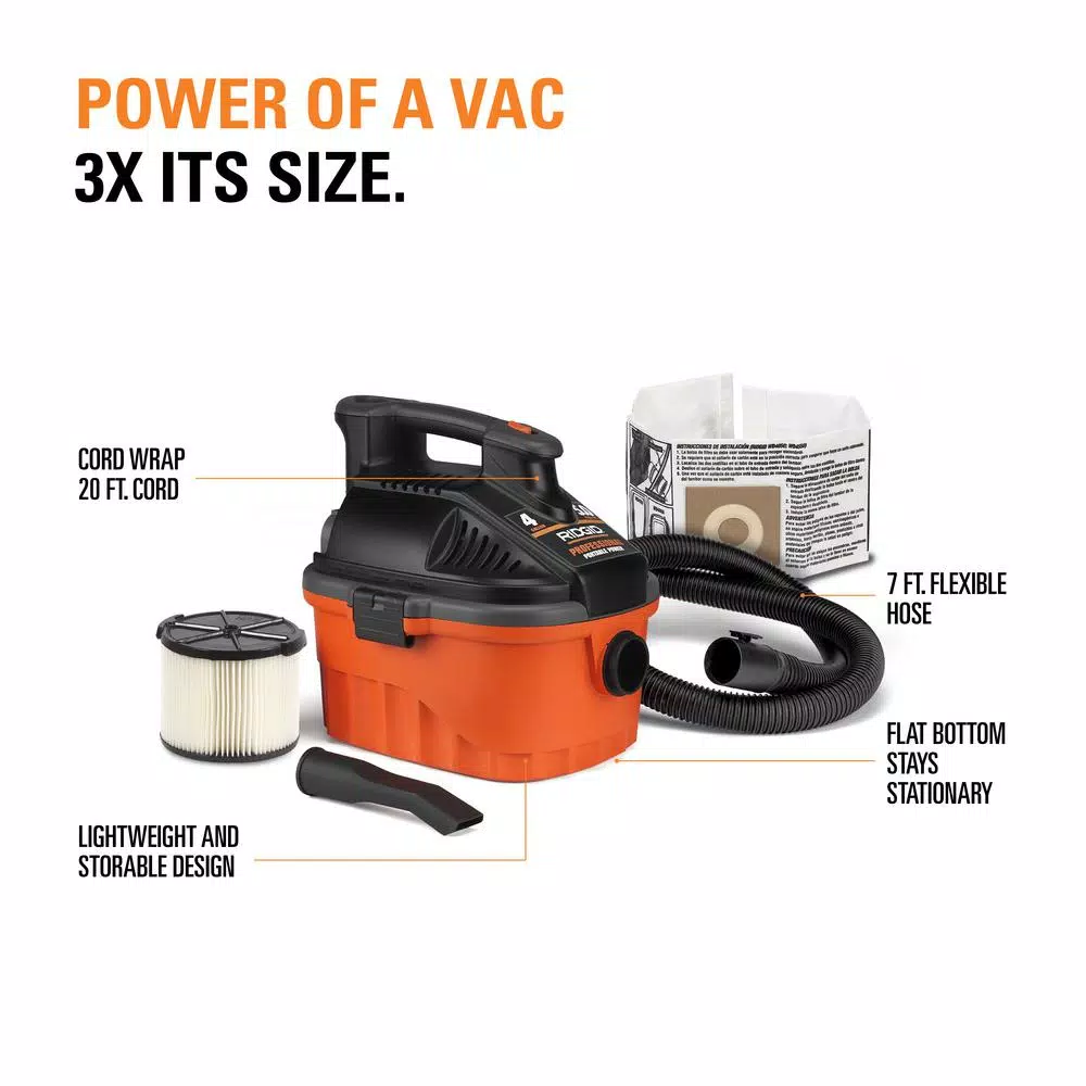 RIDGID 4 Gallon 5.0 Peak HP Portable Wet/Dry Shop Vacuum with Locking Hose and Car Nozzle