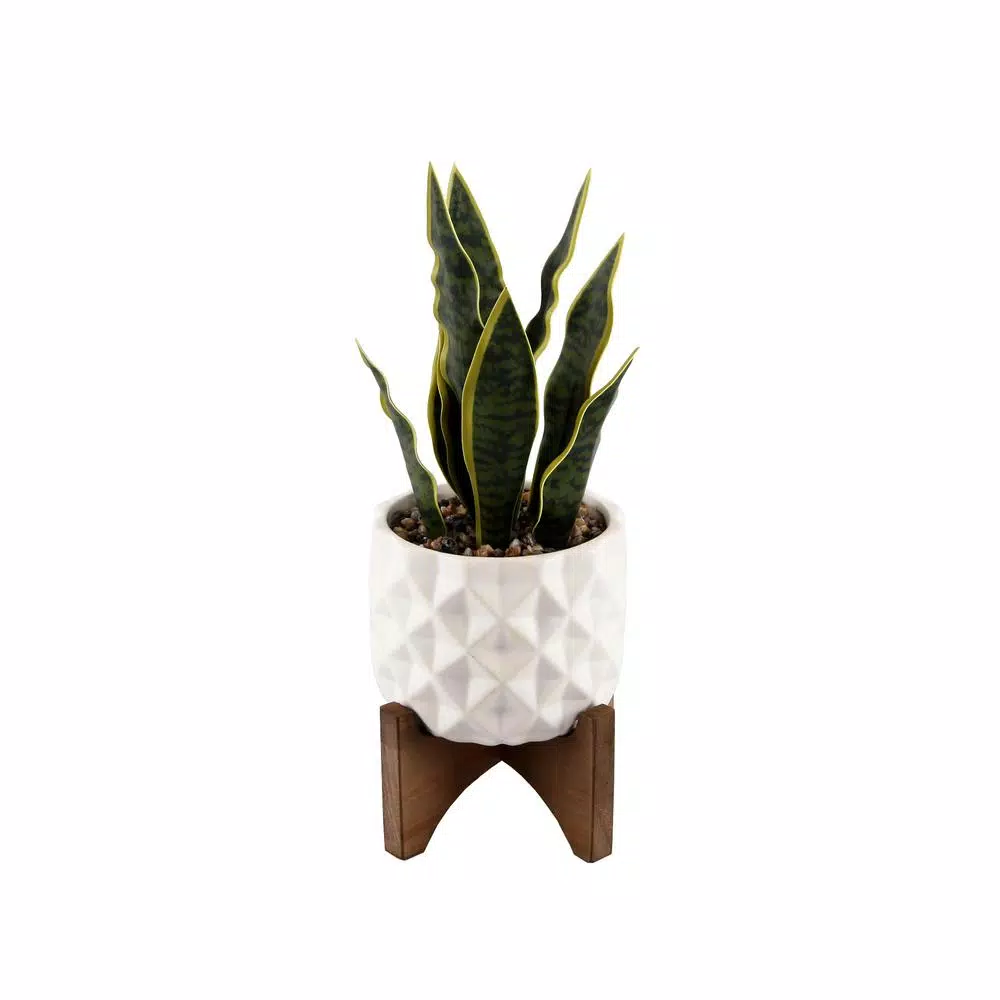 Flora Bunda 12.5 in. Faux Snake Plant in White Dimple Pattern Ceramic Pot with Wood Stand