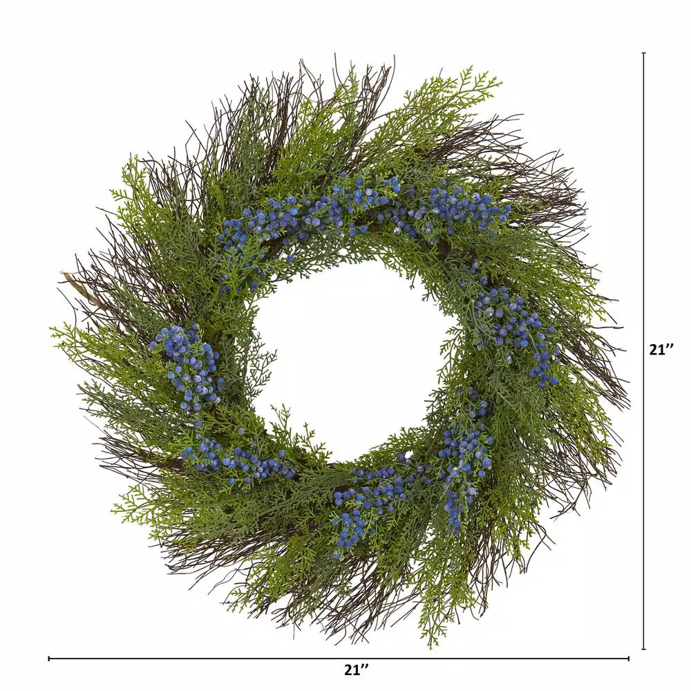 Nearly Natural 21 in. Cedar with Blueberries Artificial Wreath