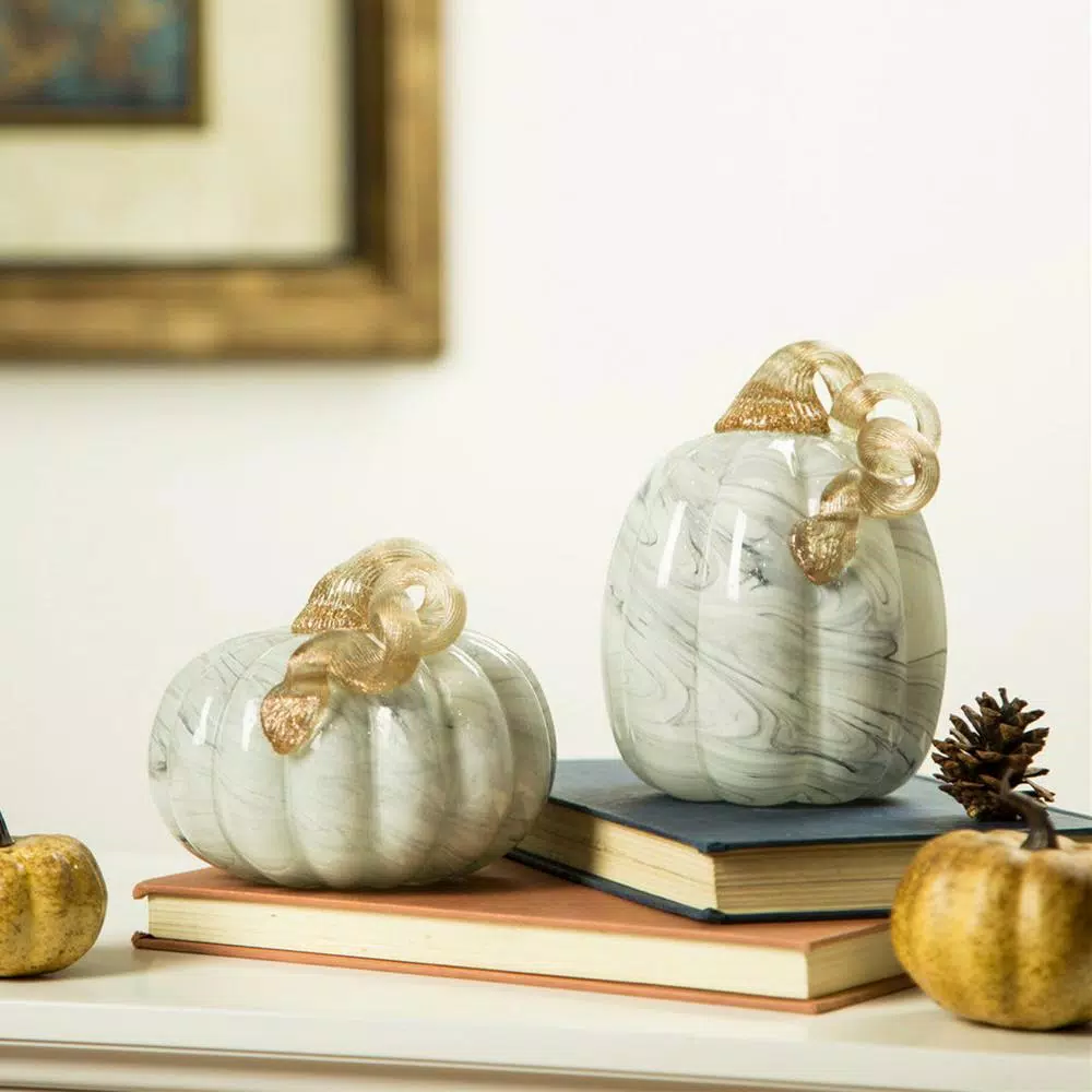 Glitzhome Gray Marble Glass Pumpkin Set of 2 - Handmade Tabletop Decoration