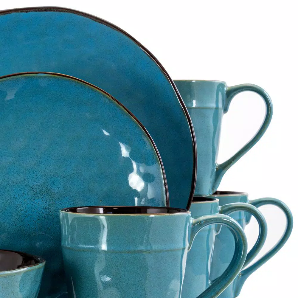 Elama Sea Glass 16-Piece Turquoise Stoneware Dinnerware Set, Service for 4