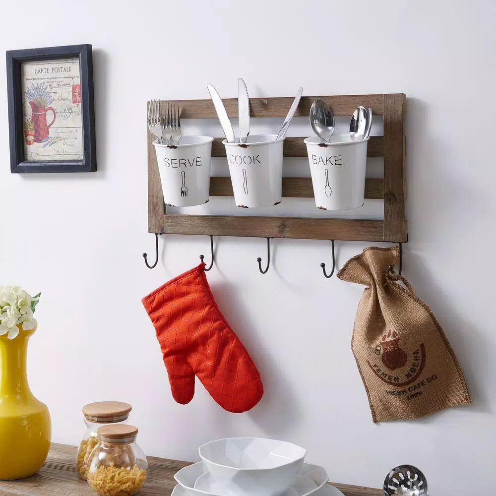 DANYA B DANAYA B. FHB2605 Rustic Hanging Utensil Caddy with 3 Tin Buckets and 5 Hooks