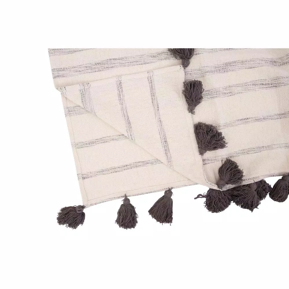 3R Studios Grey Striped Cotton Woven Throw Blanket with Tassels