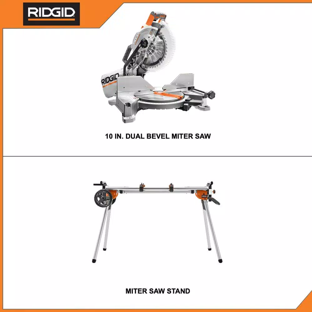 RIDGID 10 in. 15 Amp Dual Miter Saw with LED Cut Line and Professional Compact Miter Saw Stand Combo