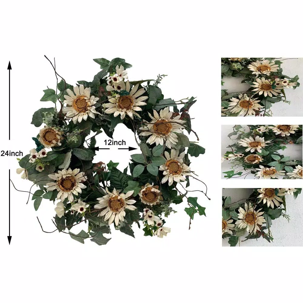 Glitzhome 24 in. Artificial Green Wreath with White Cream Sunflowers and Silk Leaves