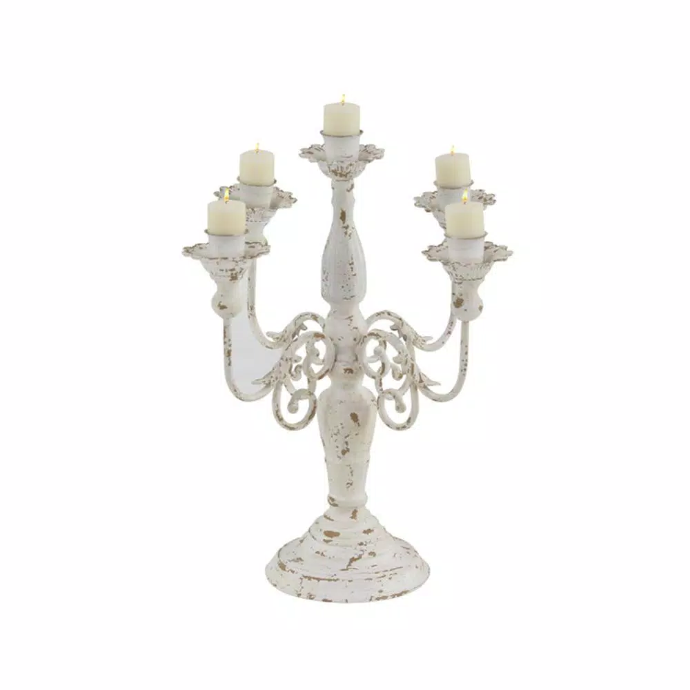 LITTON LANE Distressed White Iron Scroll 5-Light Candelabra Candle Holder