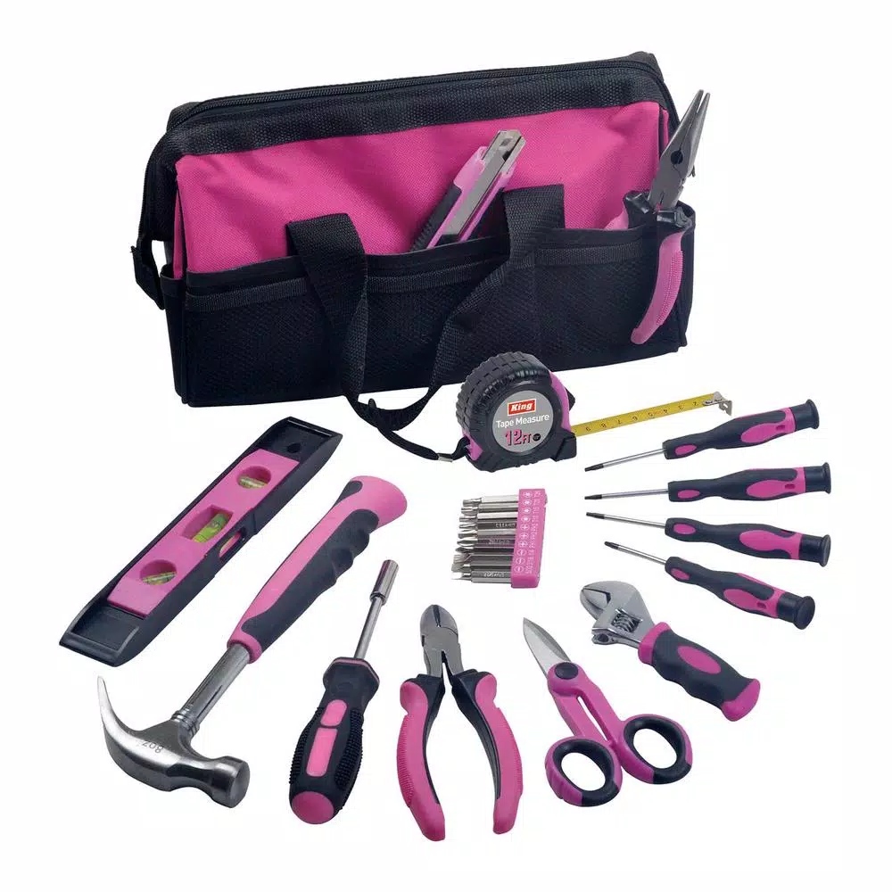 KING 24-Piece Complete Home Tool Kit with Pink Carrying Bag