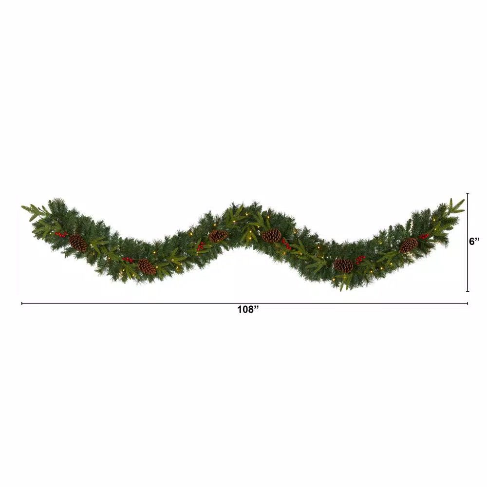 Nearly Natural 9 ft. Pre-lit Mixed Pine Artificial Christmas Garland with 50 LED Lights, Berries & Pinecones