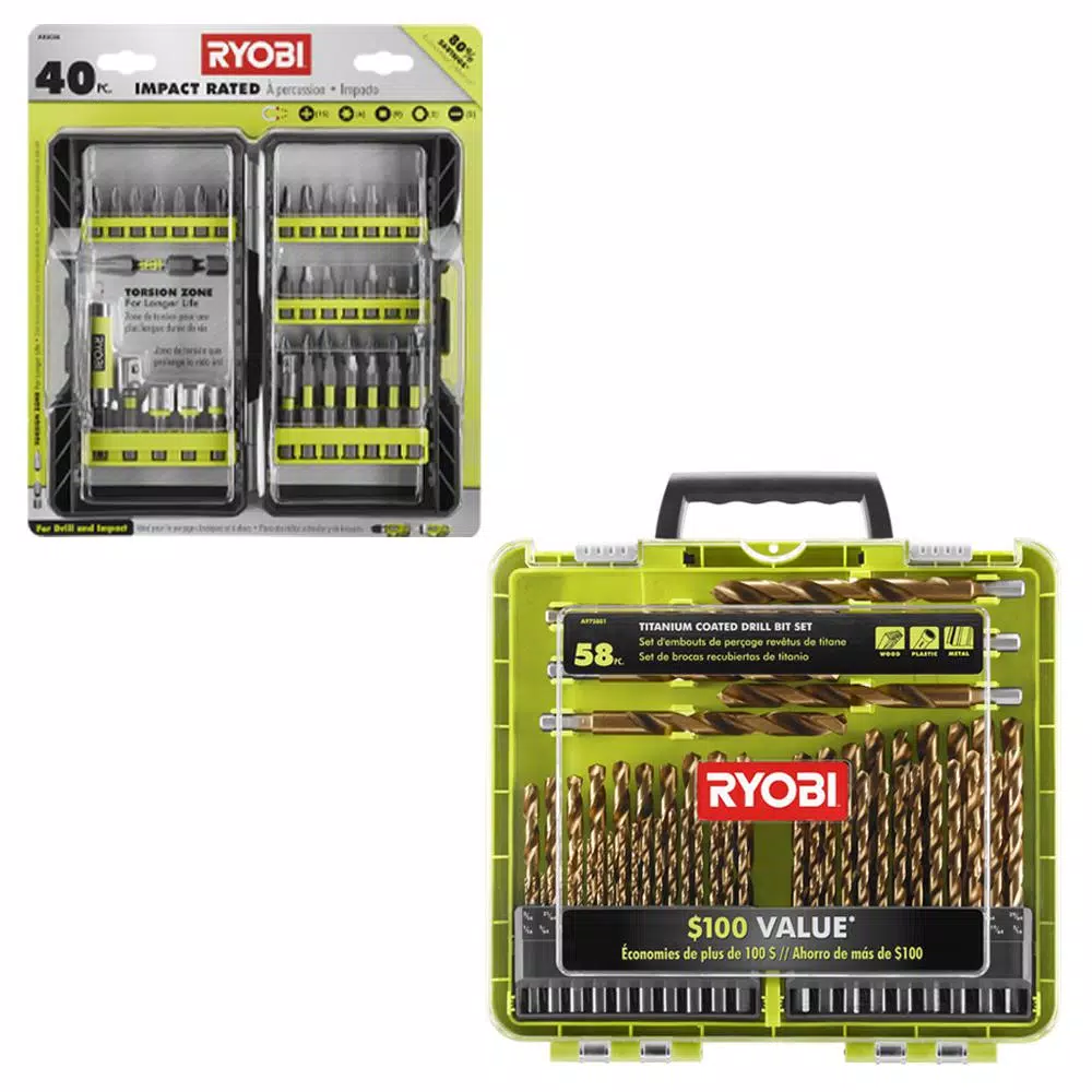 RYOBI 98-Piece Accessory Set: 40-Piece Impact Rated Driving Kit & 58-Piece Titanium Coated Drill Bit Set