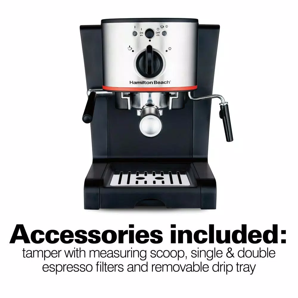 Hamilton Beach 2-Cup Espresso and Cappuccino Maker with Milk Frother, 15 Bar Pump, Black/Stainless Steel