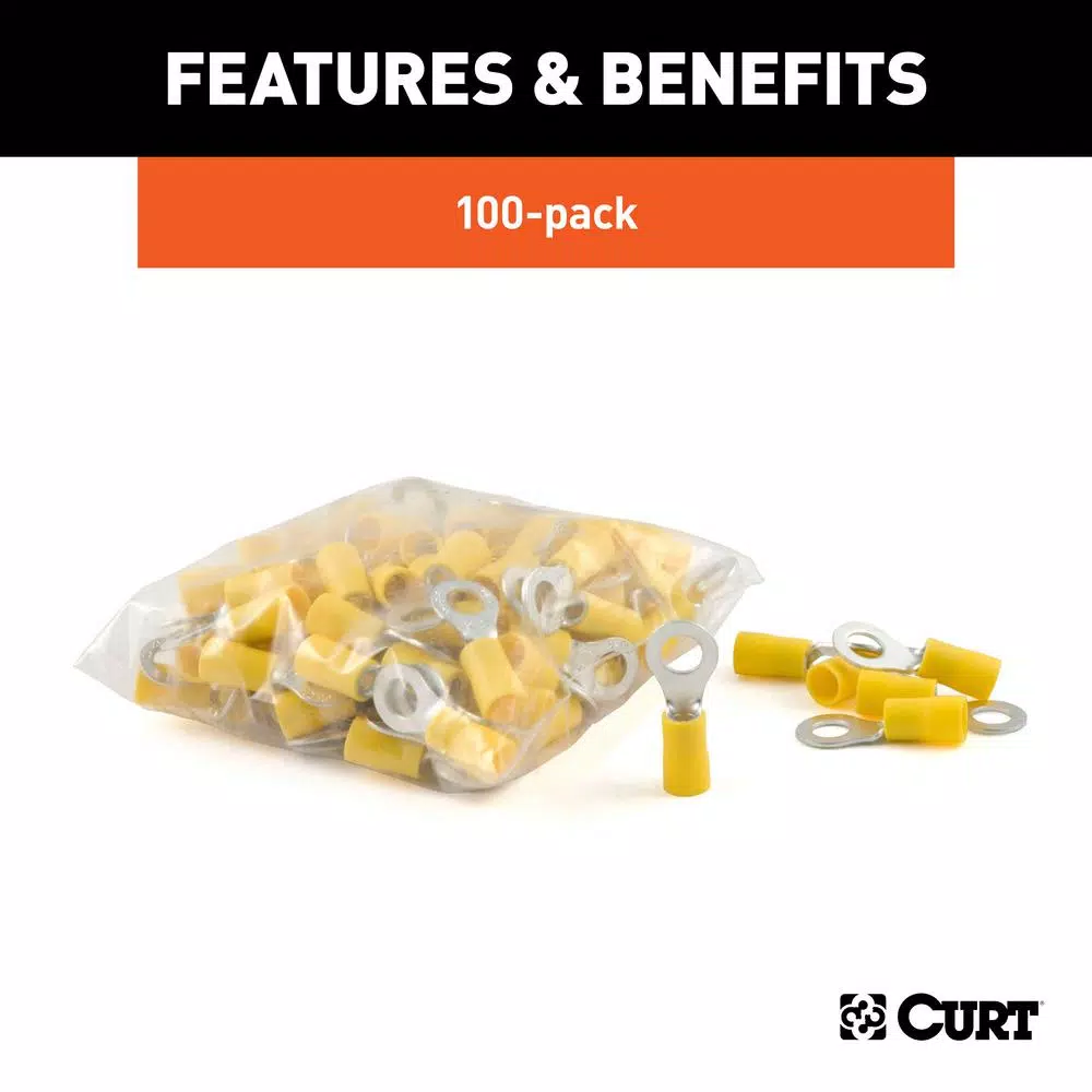 CURT Ring Terminals, 12-10 AWG Wire Gauge, #10 Stud Size, Yellow, 100-Pack