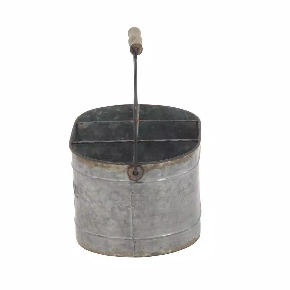 LITTON LANE Distressed Silver Iron 6-Bottle Oval Wine Caddy with Fir Wood Handle