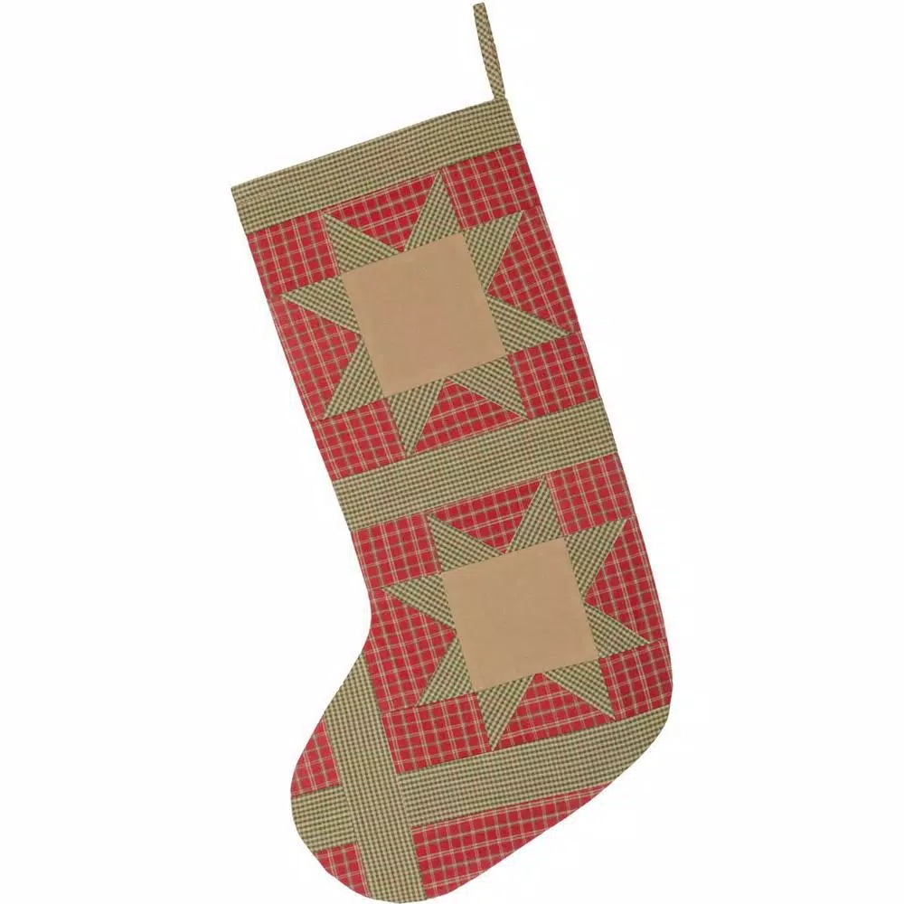 VHC Brands 20 in. Red Dolly Star Primitive Christmas Patchwork Cotton Stocking