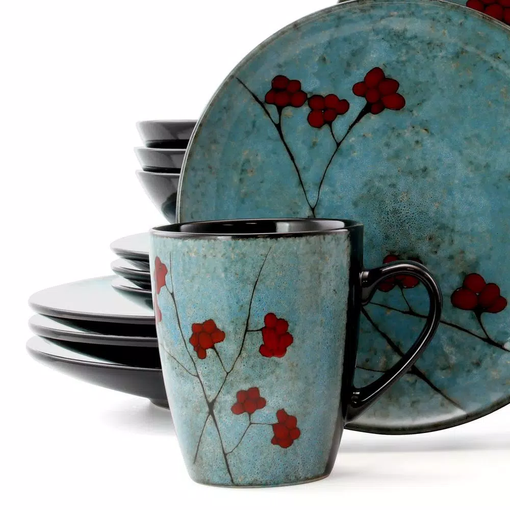 Elama Floral Accents 16-Piece Blue Stoneware Dinnerware Set, Service for 4