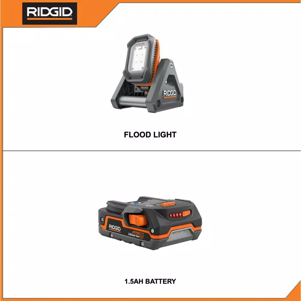 RIDGID 18V Cordless LED Flood Light with Detachable Light and 1.5 Ah Lithium-Ion Battery