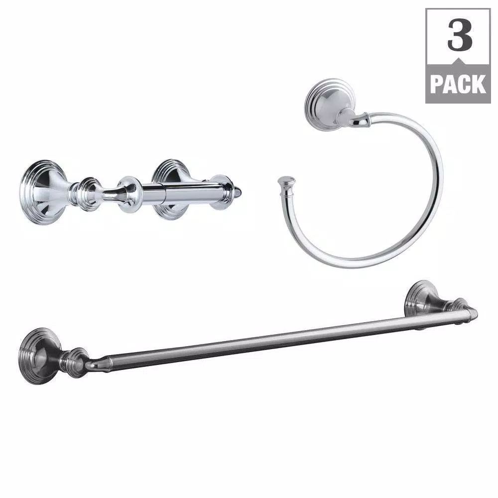 KOHLER Devonshire 3-Piece Bathroom Hardware Set - Towel Bar, Ring, and Toilet Paper Holder in Polished Chrome