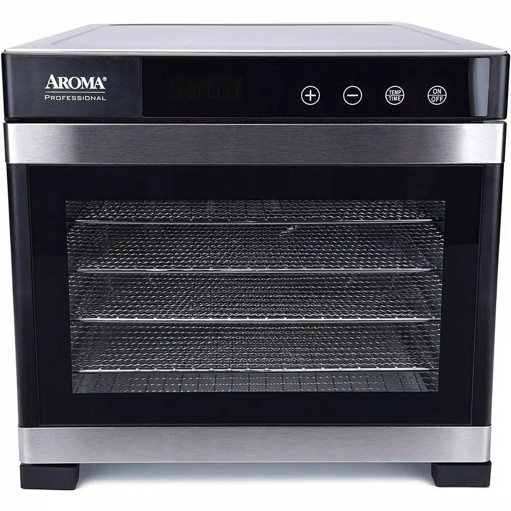 AROMA 6-Tray Digital Food Dehydrator with Glass Door and Stainless Steel Trays, 600W, Black