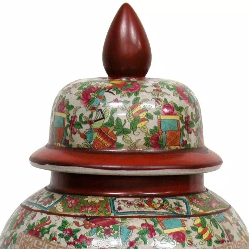 Oriental Furniture 18 in. Red Porcelain Temple Jar Vase with Removable Lid