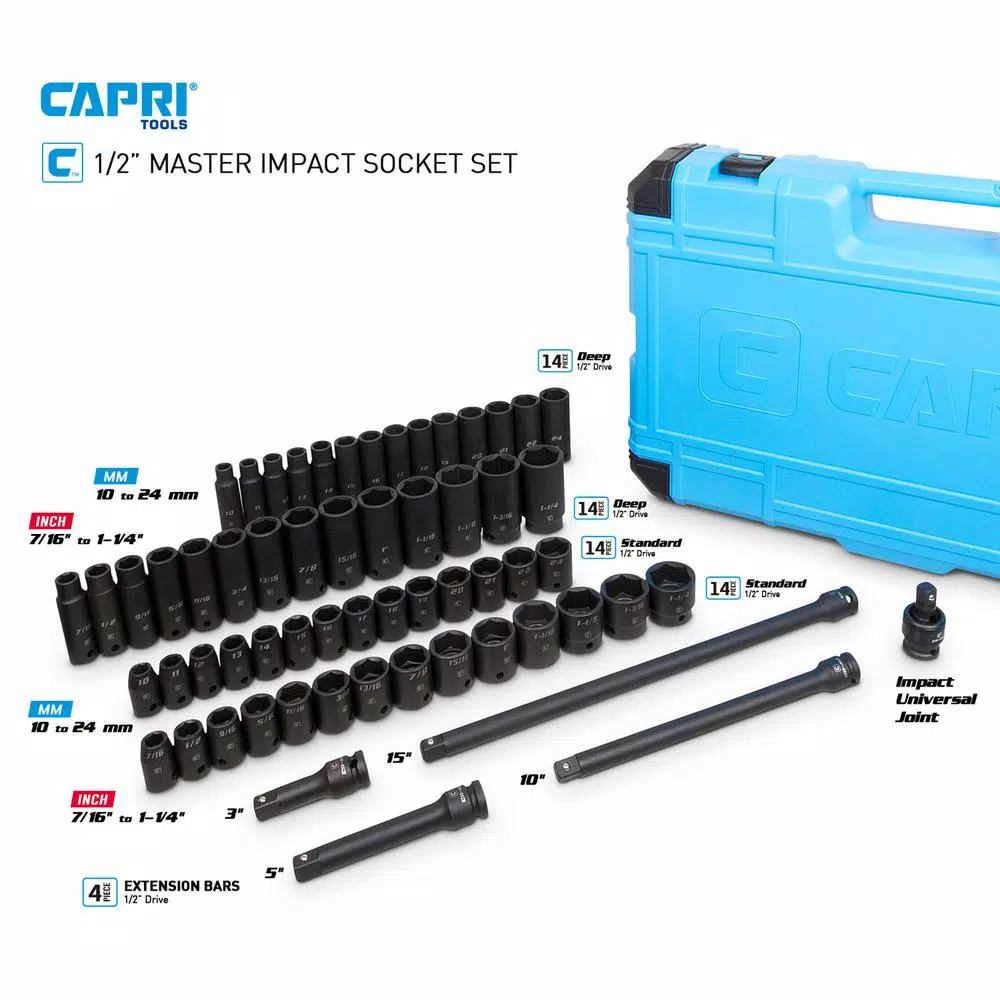 Capri Tools 61-Piece 1/2 in. Drive SAE/Metric Master Impact Socket Set with Extensions & Universal Joint