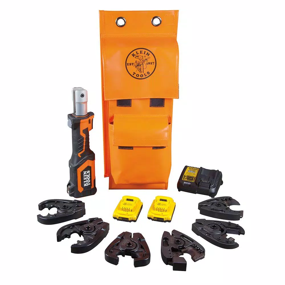 Klein Tools Battery-Operated Cable Cutter/Crimper Kit with 6 Jaws, 2 Batteries & Charger