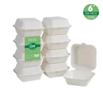 Unbranded 6 in. White Sugarcane Clamshell Containers, Compostable & Eco-Friendly (300 Pack) thumbnail 2