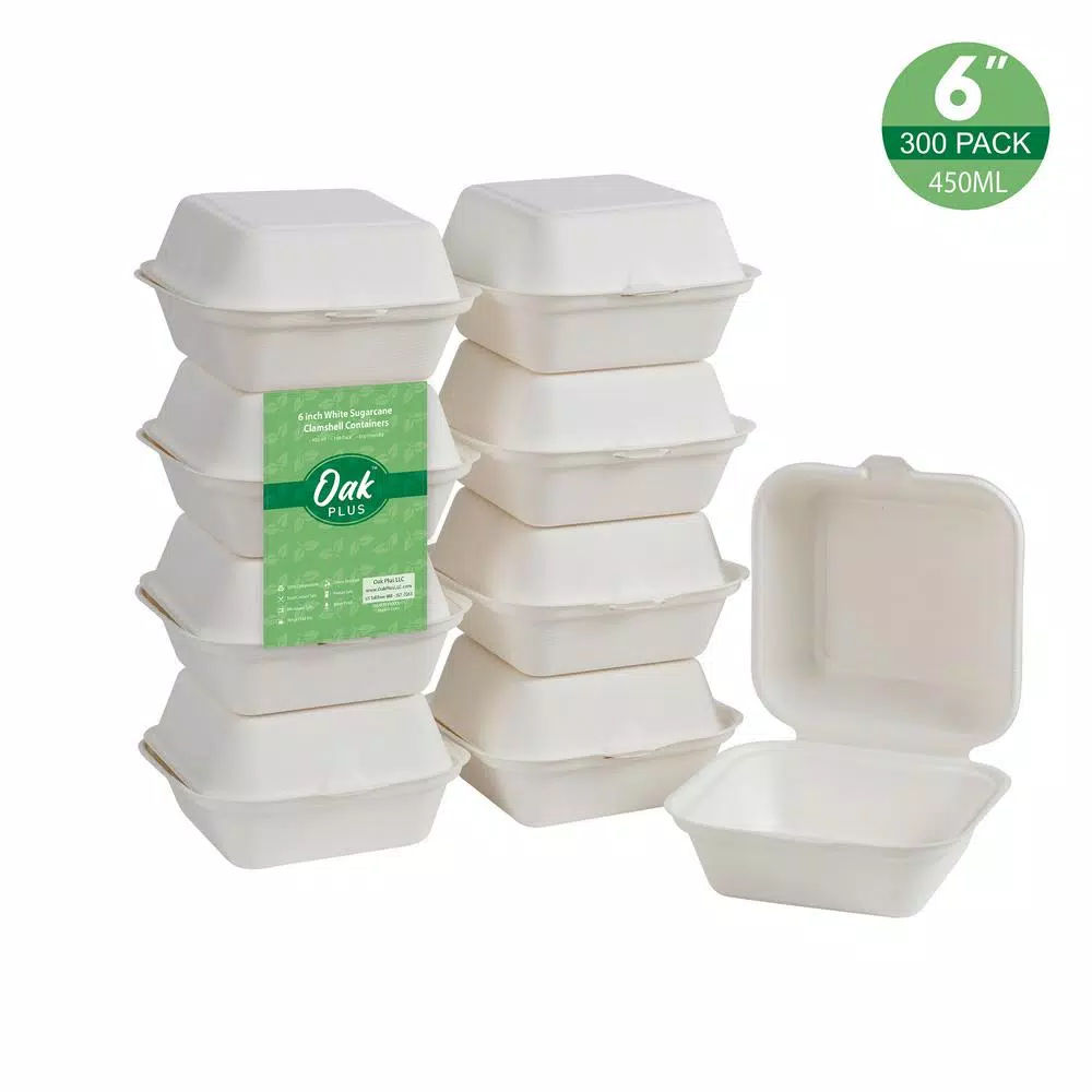 Unbranded 6 in. White Sugarcane Clamshell Containers, Compostable & Eco-Friendly (300 Pack)