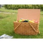 Vintiquewise Large Handwoven Woodchip Picnic Basket with Wooden Lid and White Lining thumbnail 2