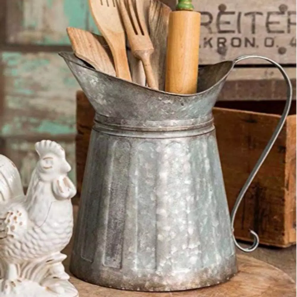 Benzara Vintage Style Gray Galvanized Metal Milk Pitcher - Rustic Kitchen Canister