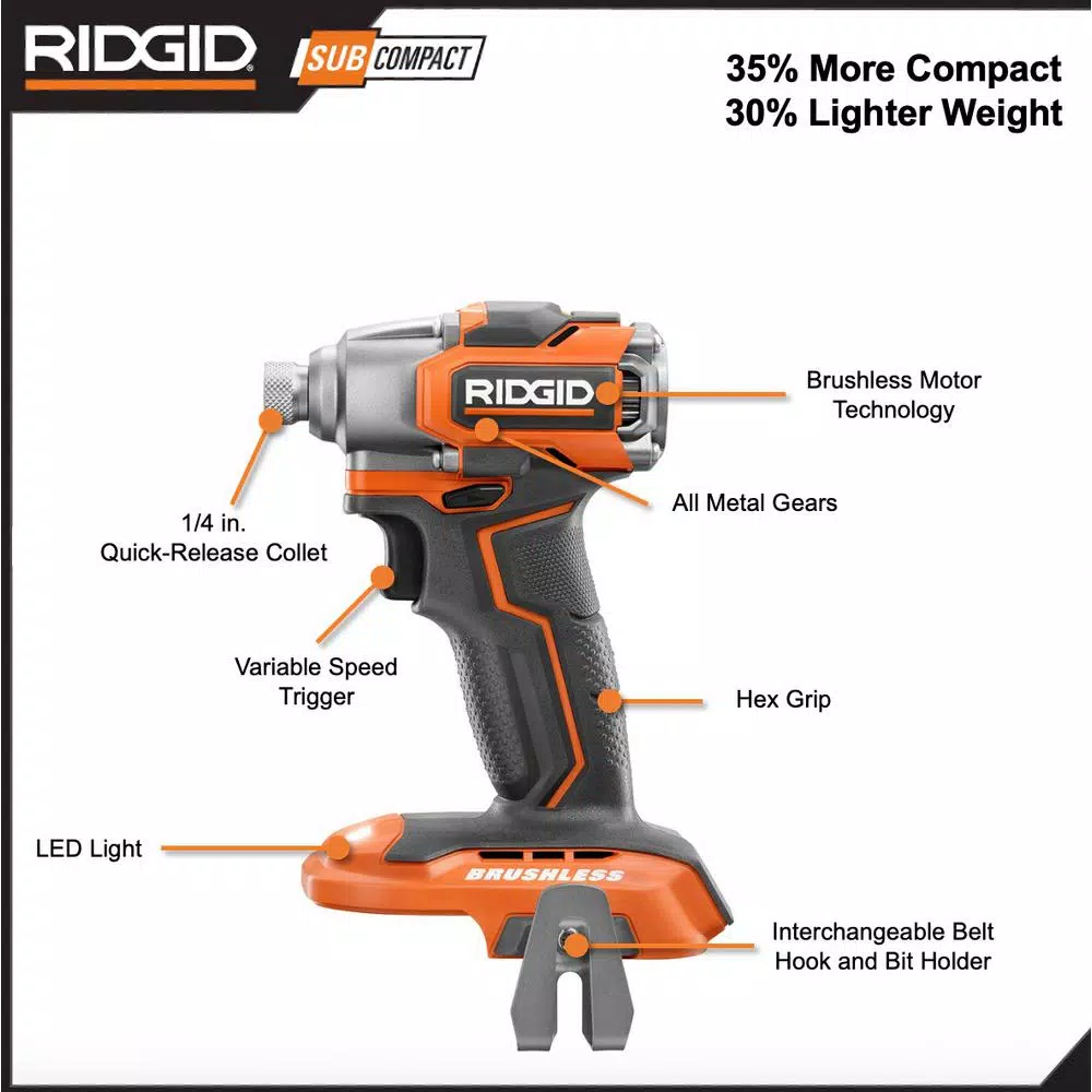 RIDGID 18V SubCompact Brushless Cordless 4-Tool Combo Kit with Impact Wrench and Multi-Material Saw
