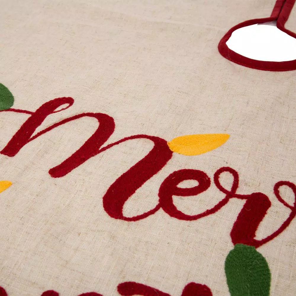 Glitzhome 48 in. LED Embroidered Linen Christmas Tree Skirt - Merry Christmas