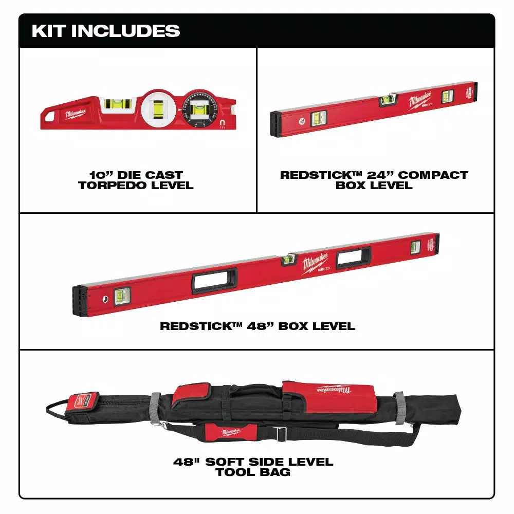 Milwaukee Redstick Box and Torpedo Level Set with 48 in. Storage Bag